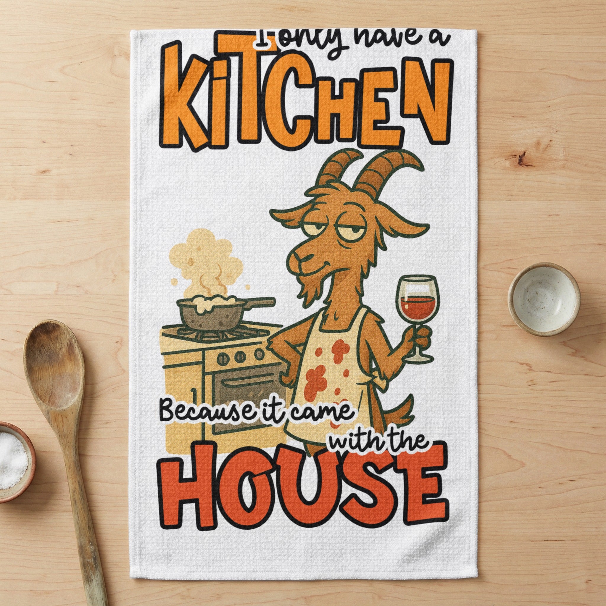 Illustration of a goat in an apron holding wine, standing by a stove.