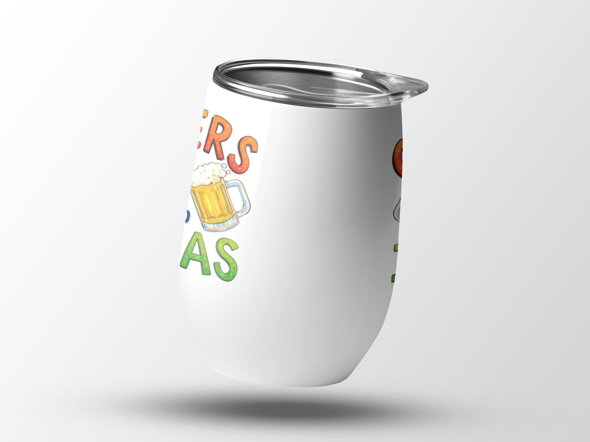 White tumbler with "Beer" text and beer mug illustration.