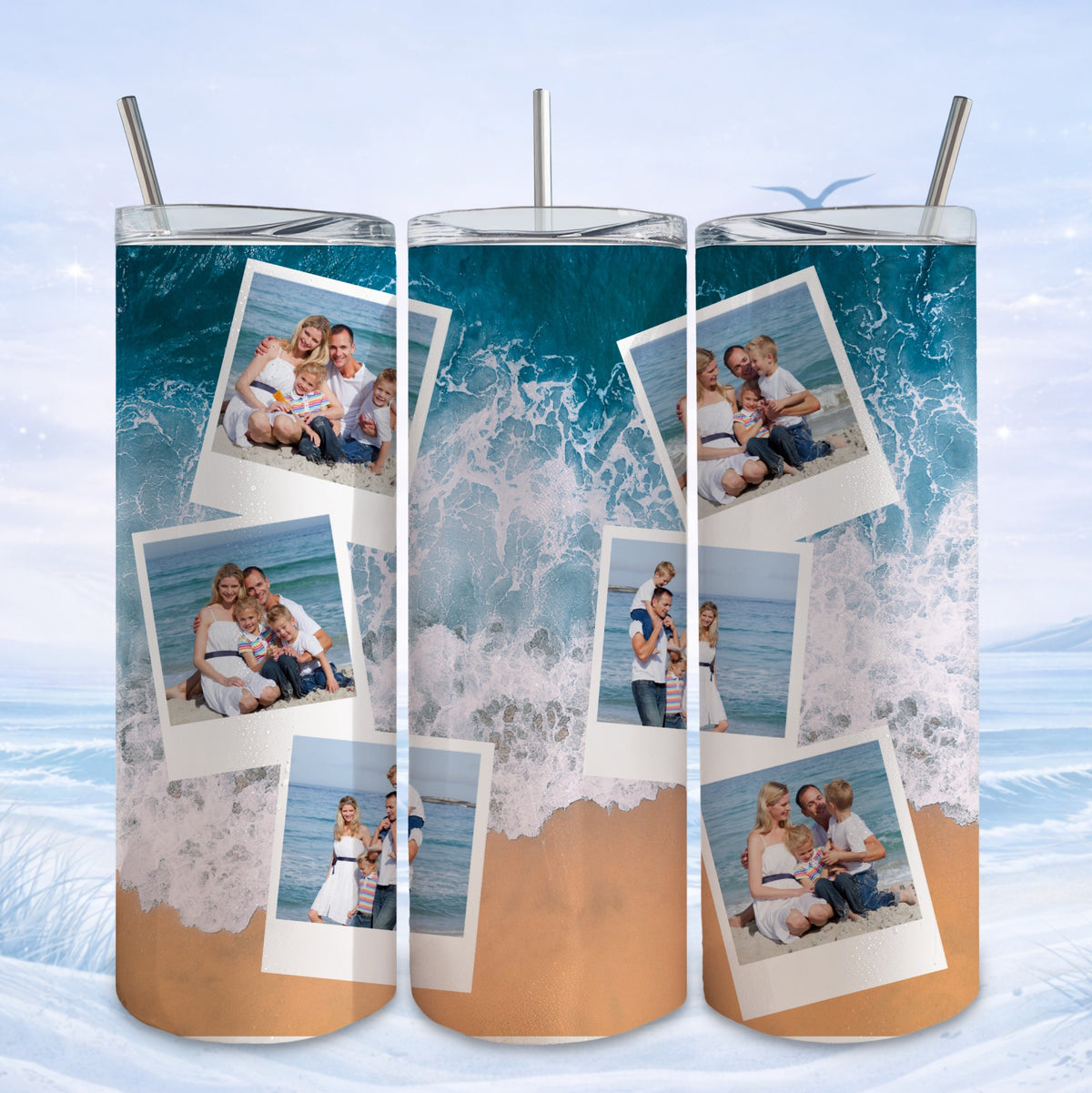 Family beach photos displayed on a triple tumbler with ocean waves and sand.
