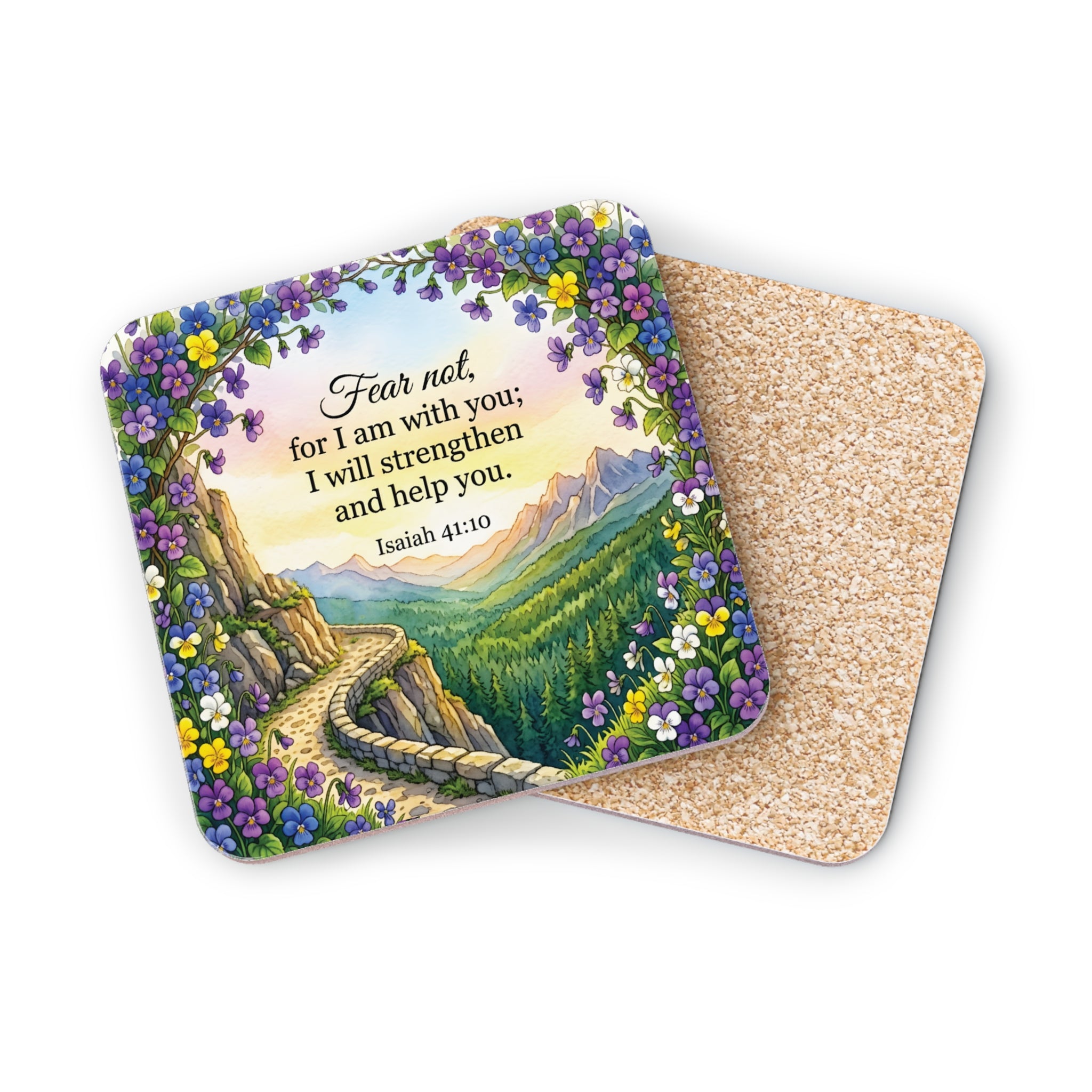 Coaster with floral path and "Fear not, for I am with you" Bible verse.