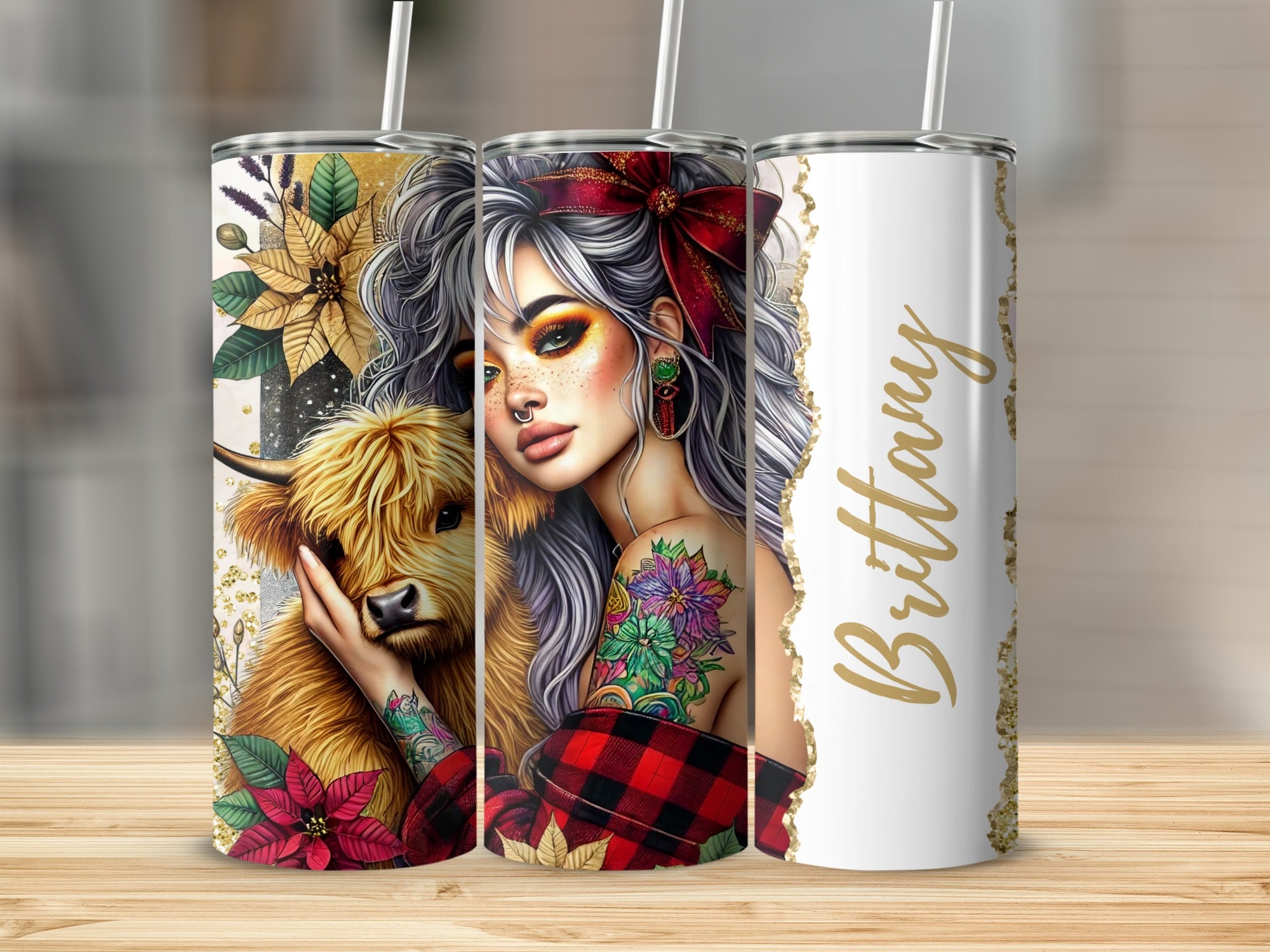 Woman with cow and poinsettias on patterned tumbler, "Brittany" text.