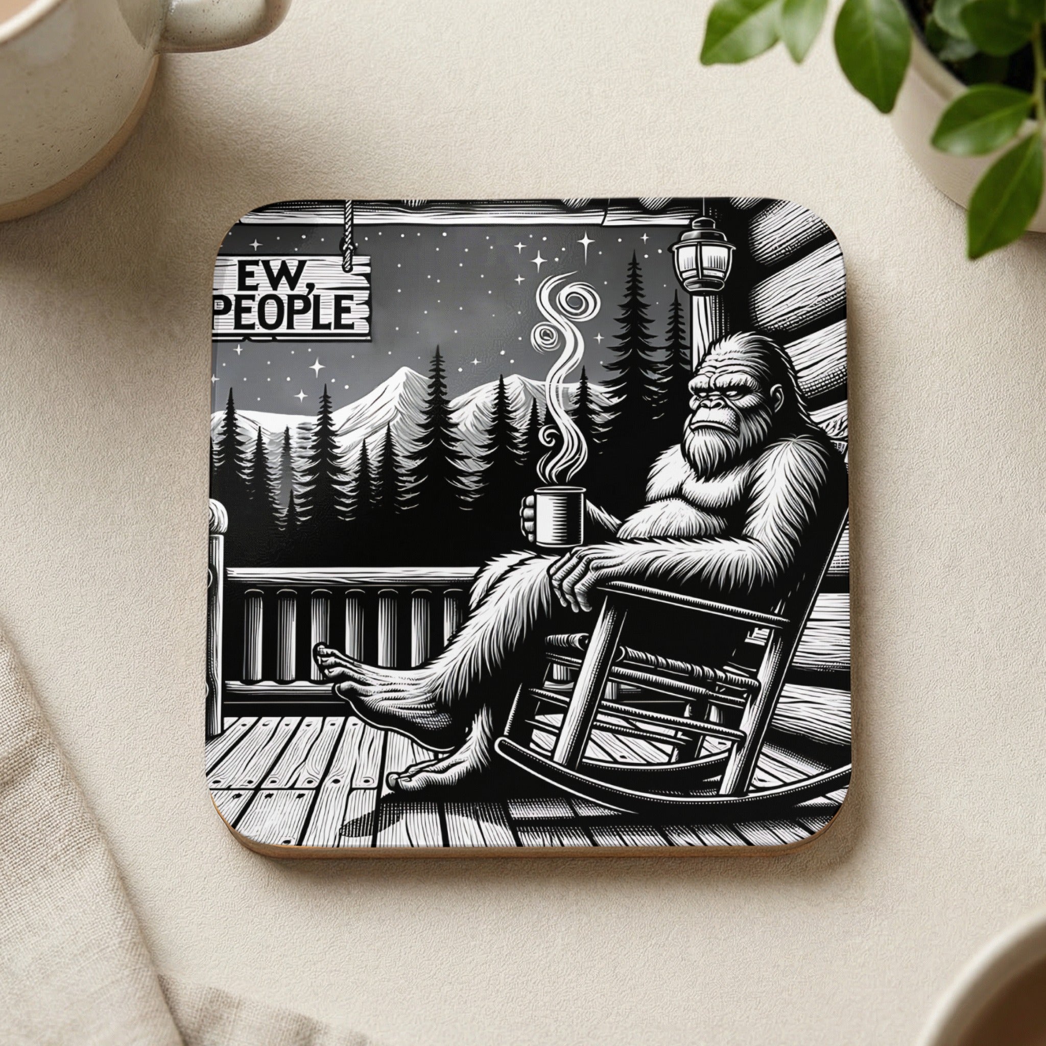 Bigfoot in rocking chair on porch, holding mug, with text "EW, PEOPLE".