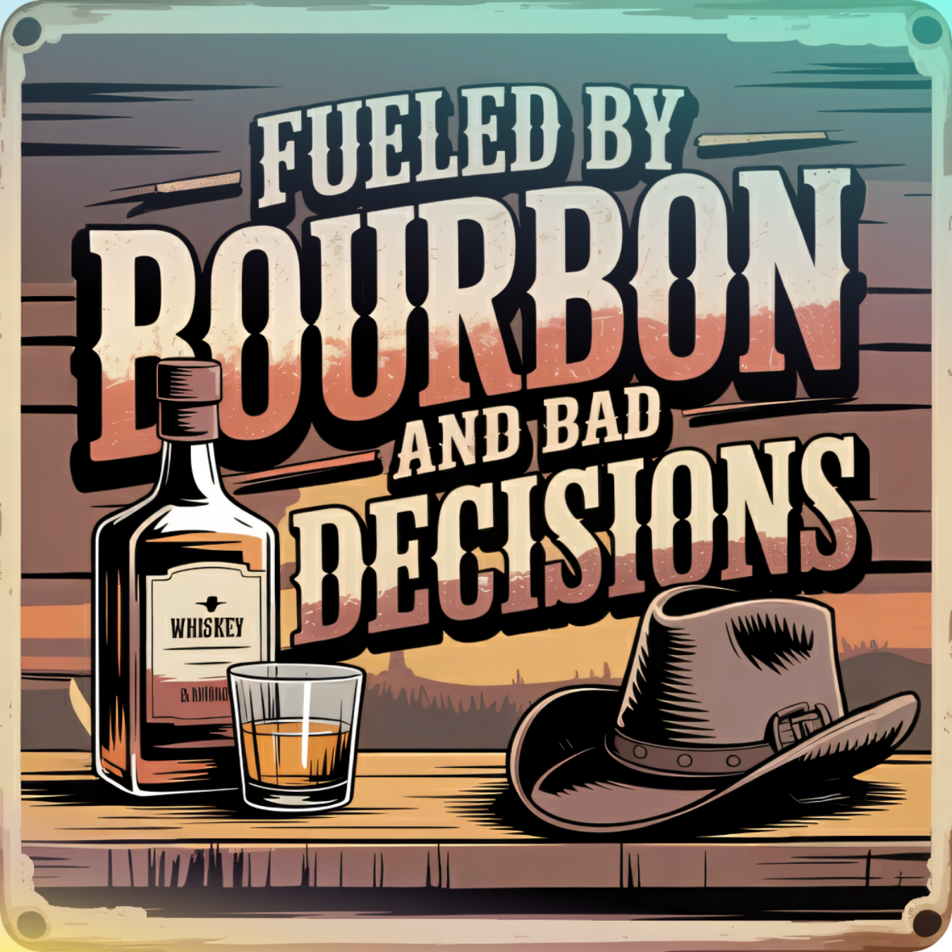 Bottle of whiskey, glass, and cowboy hat on wooden surface, "Fueled by Bourbon and Bad Decisions" text.