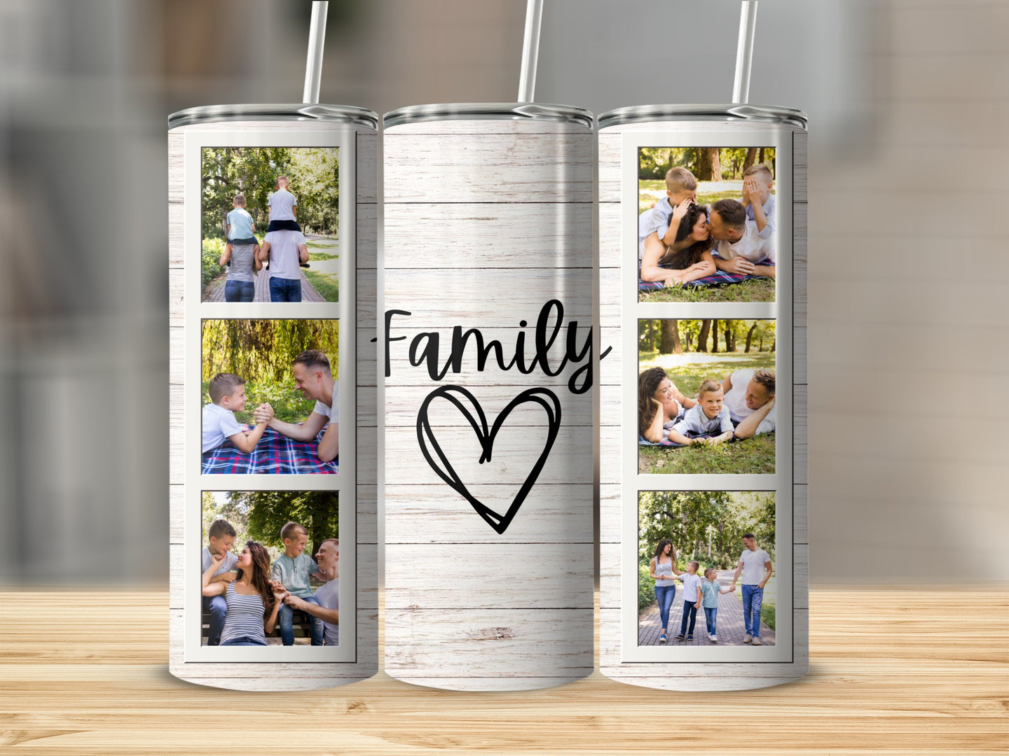 Triptych collage of family photos within a wooden texture frame.