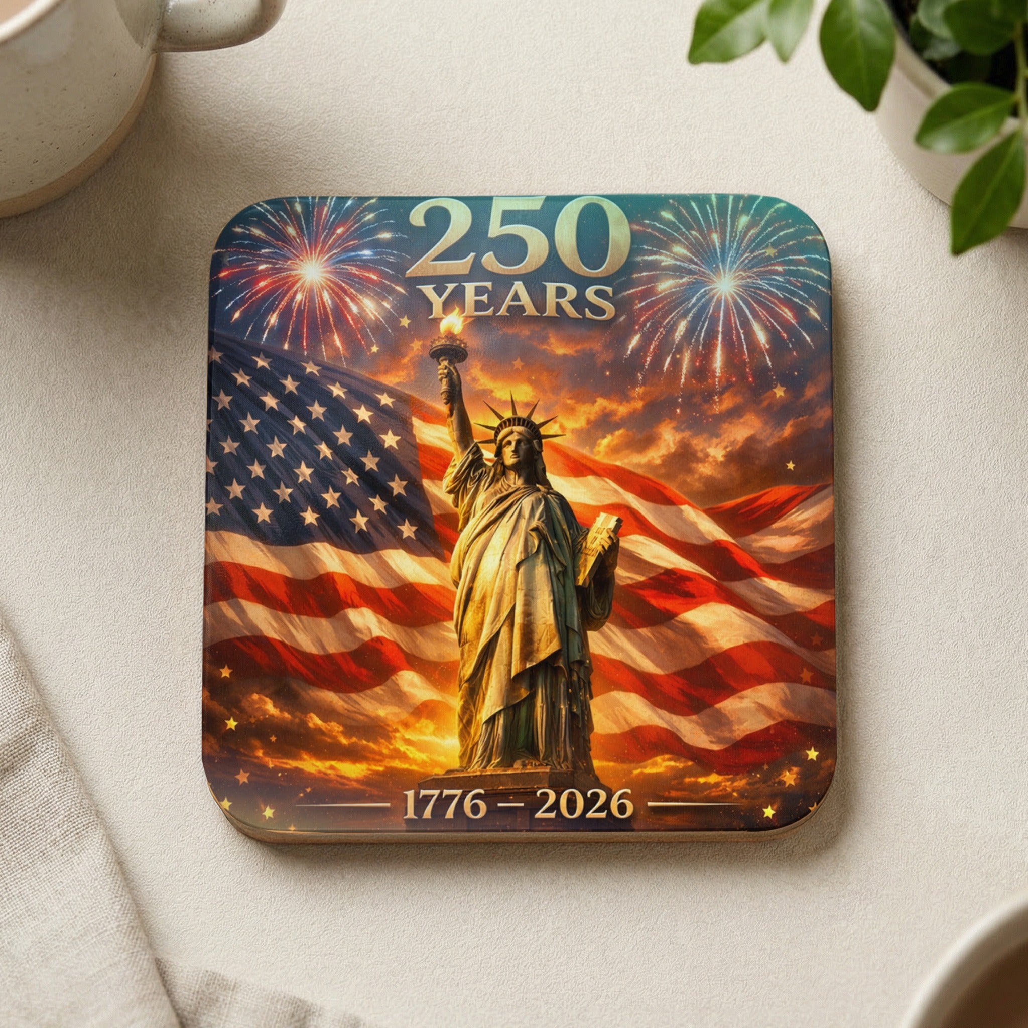 Statue of Liberty and fireworks with "250 YEARS" and dates 1776-2026.