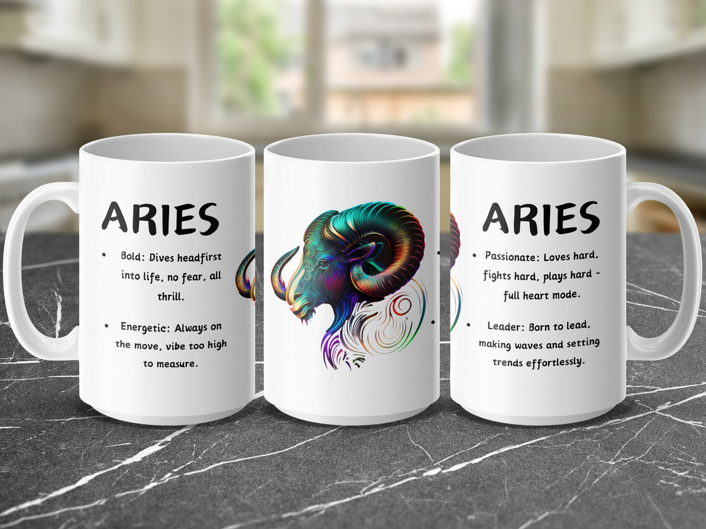 Mug with Aries zodiac sign, featuring ram graphic and descriptive text.