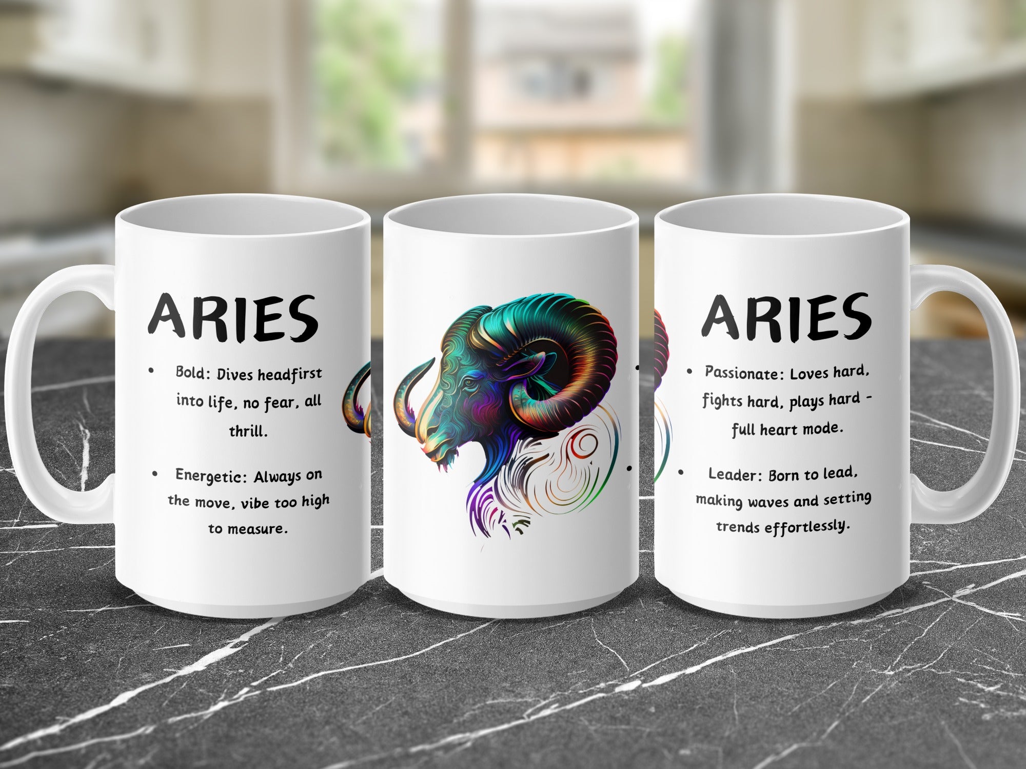 Mug with Aries zodiac sign, featuring ram graphic and descriptive text.