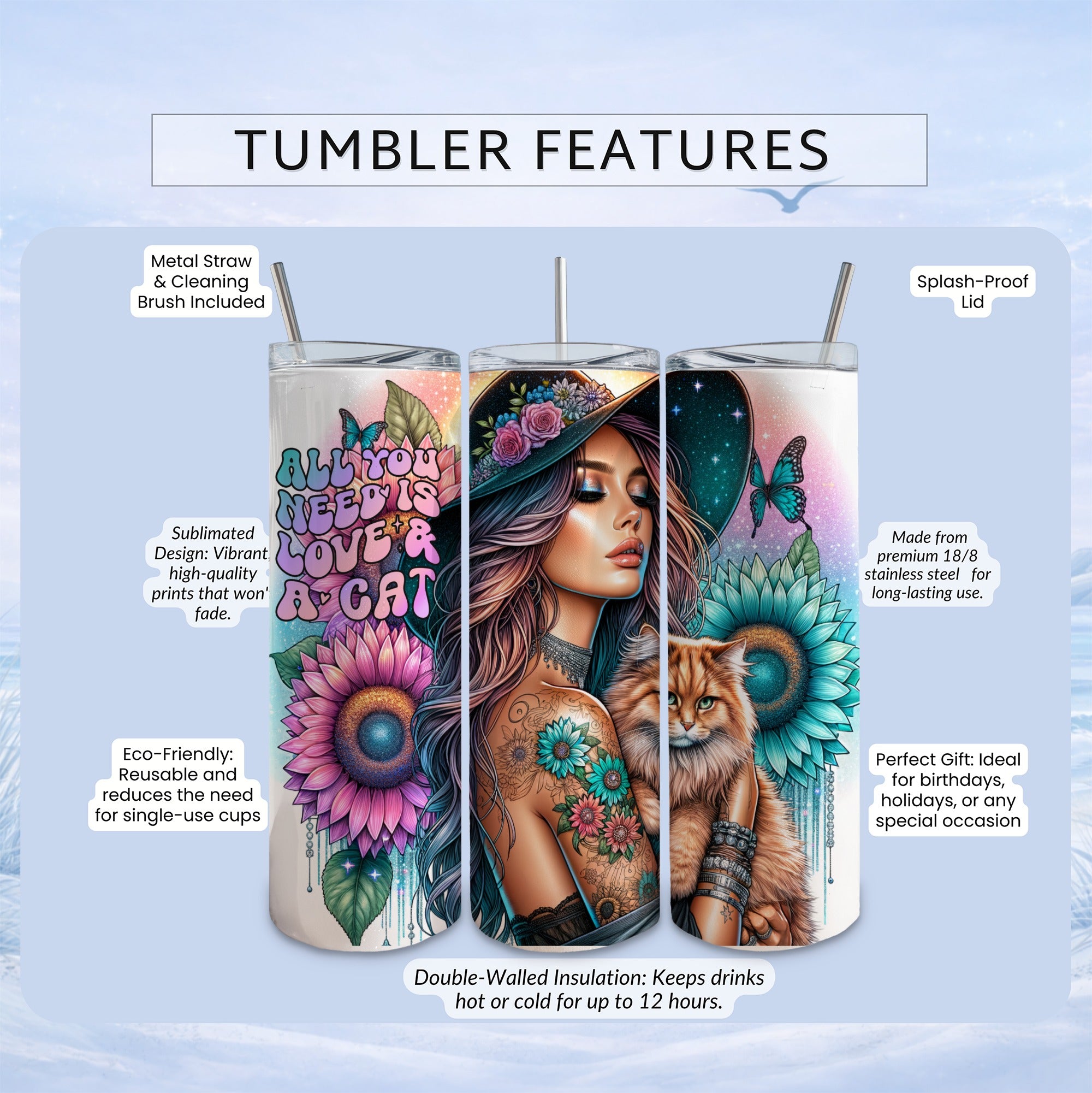 TUMBLER FEATURES: Metal straw, eco-friendly, sublimation, insulated, splash-proof lid.
