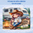Cartoon girl in cowboy hat with wine, sitting by campfire near RV.