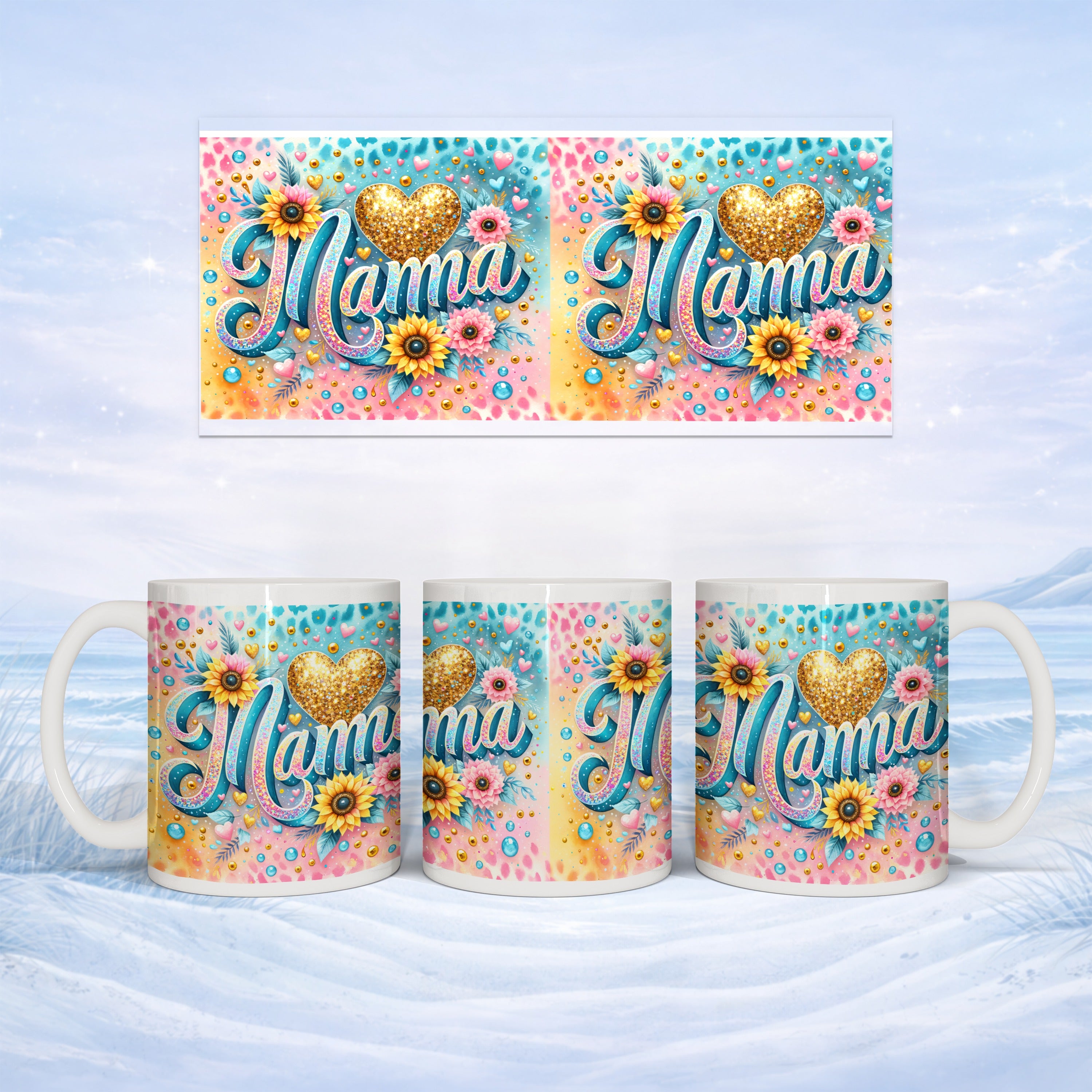 Mug with "Mama" text, golden hearts, and floral accents.
