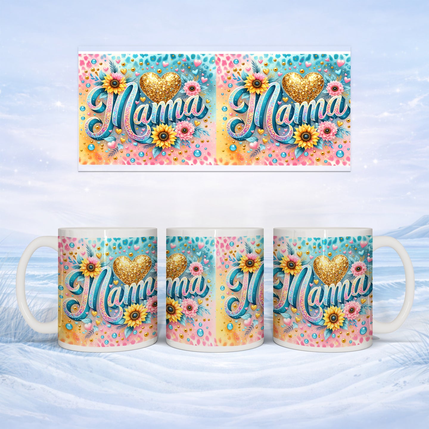 Mug with "Mama" text, golden hearts, and floral accents.