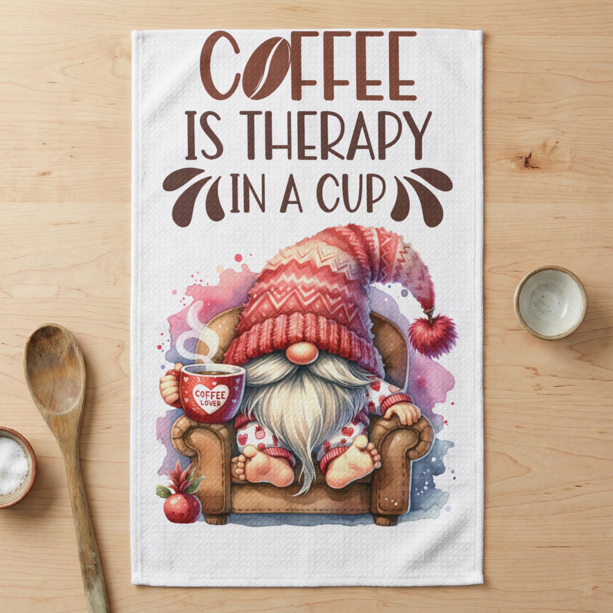 Gnome in cozy hat and pajamas holding "Coffee Lover" mug, "Coffee is Therapy in a Cup" text.
