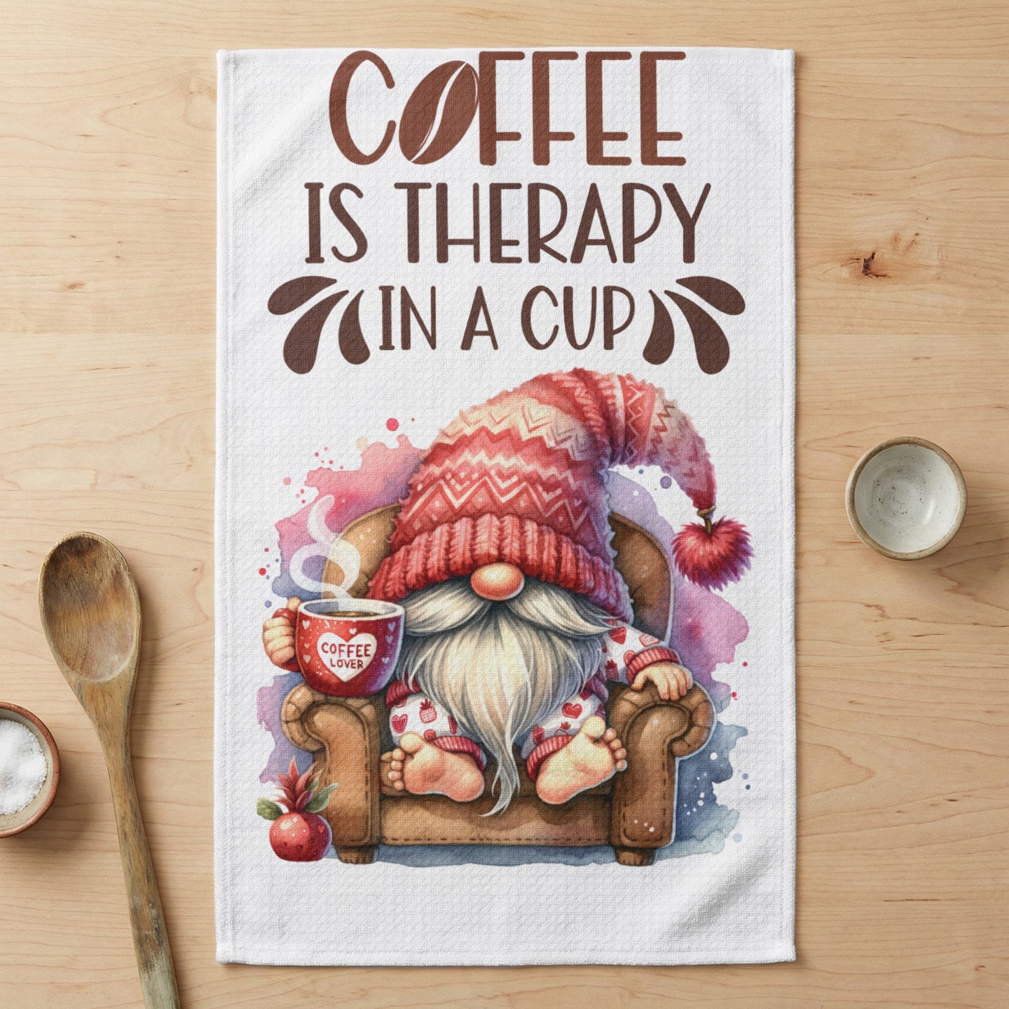 Gnome in cozy hat and pajamas holding "Coffee Lover" mug, "Coffee is Therapy in a Cup" text.
