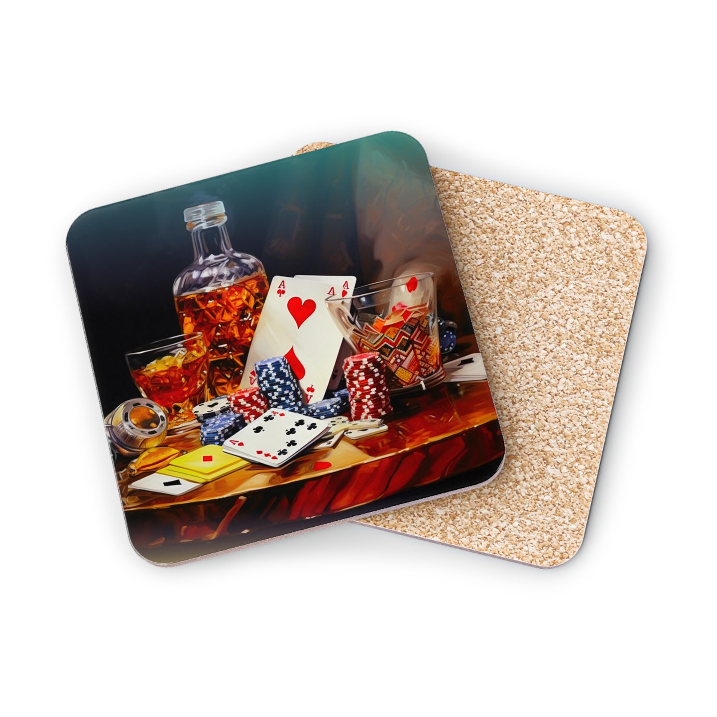 Poker chips, cards, and a decanter of whiskey on a wooden surface.