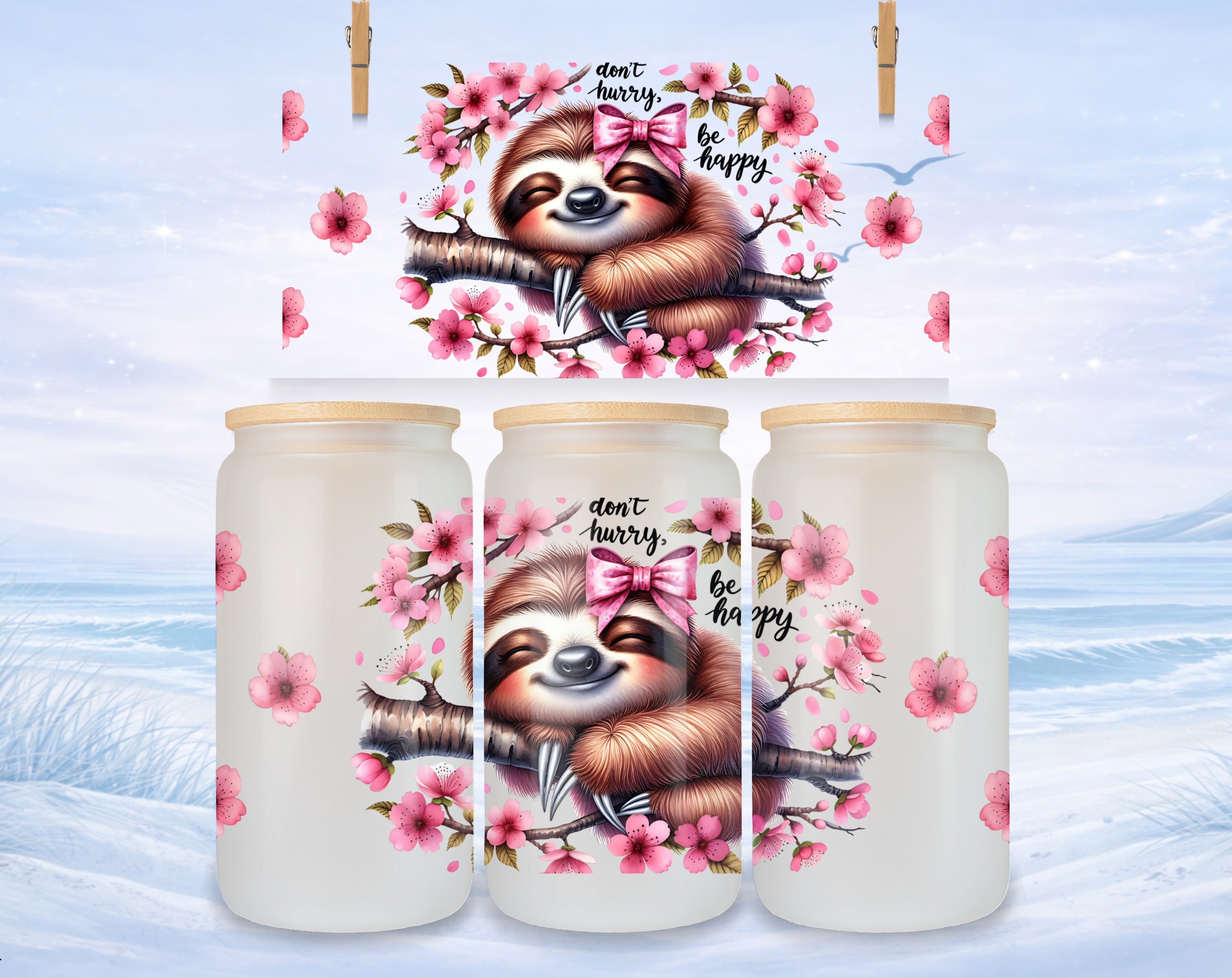 Sloth on branch with cherry blossoms and text "don't hurry, be happy".