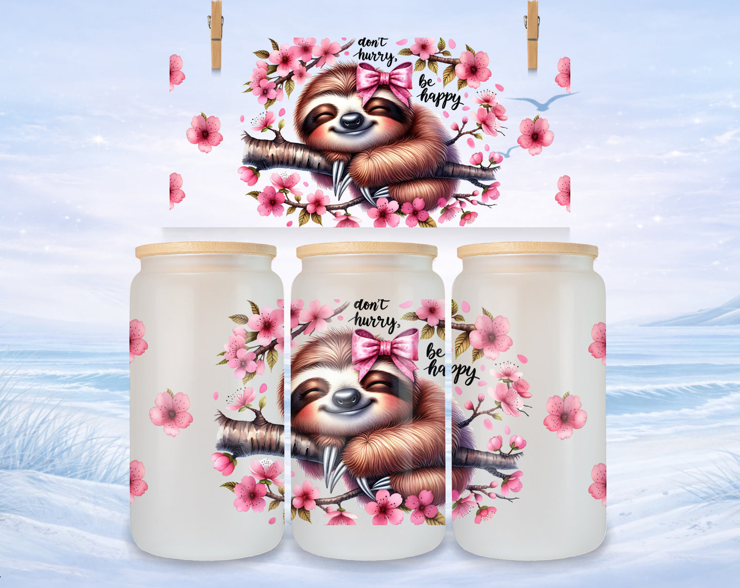 Sloth on branch with cherry blossoms and text "don't hurry, be happy".