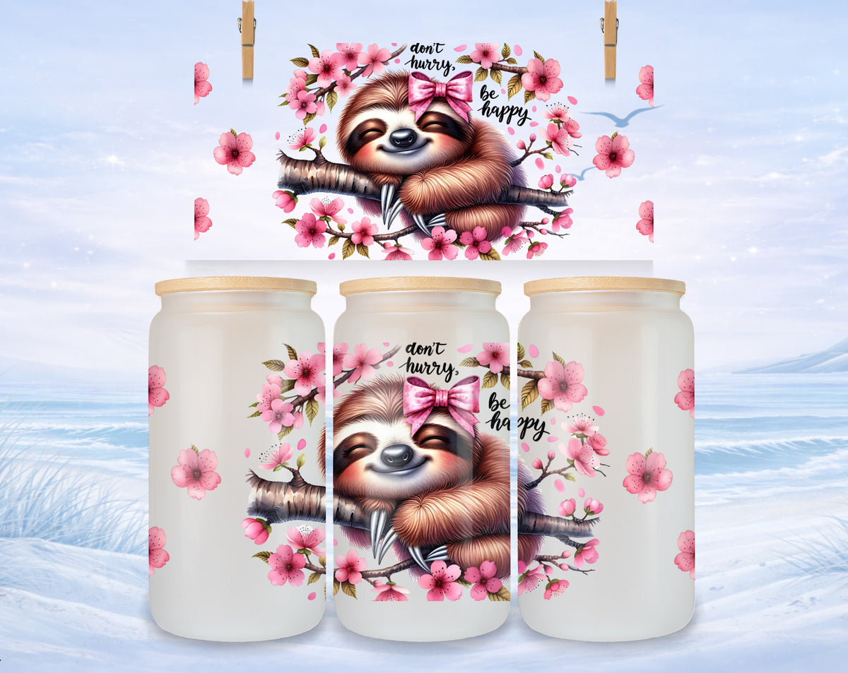 Sloth on branch with cherry blossoms and text "don't hurry, be happy".