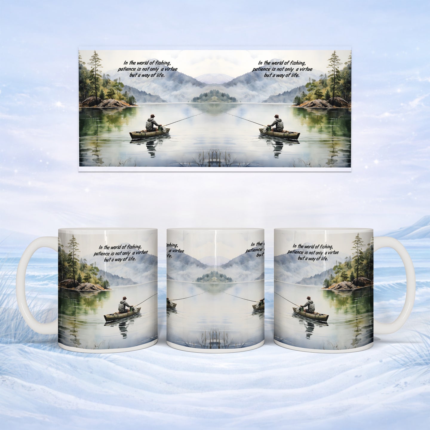 Mug with serene fishing scene and inspirational text about patience.