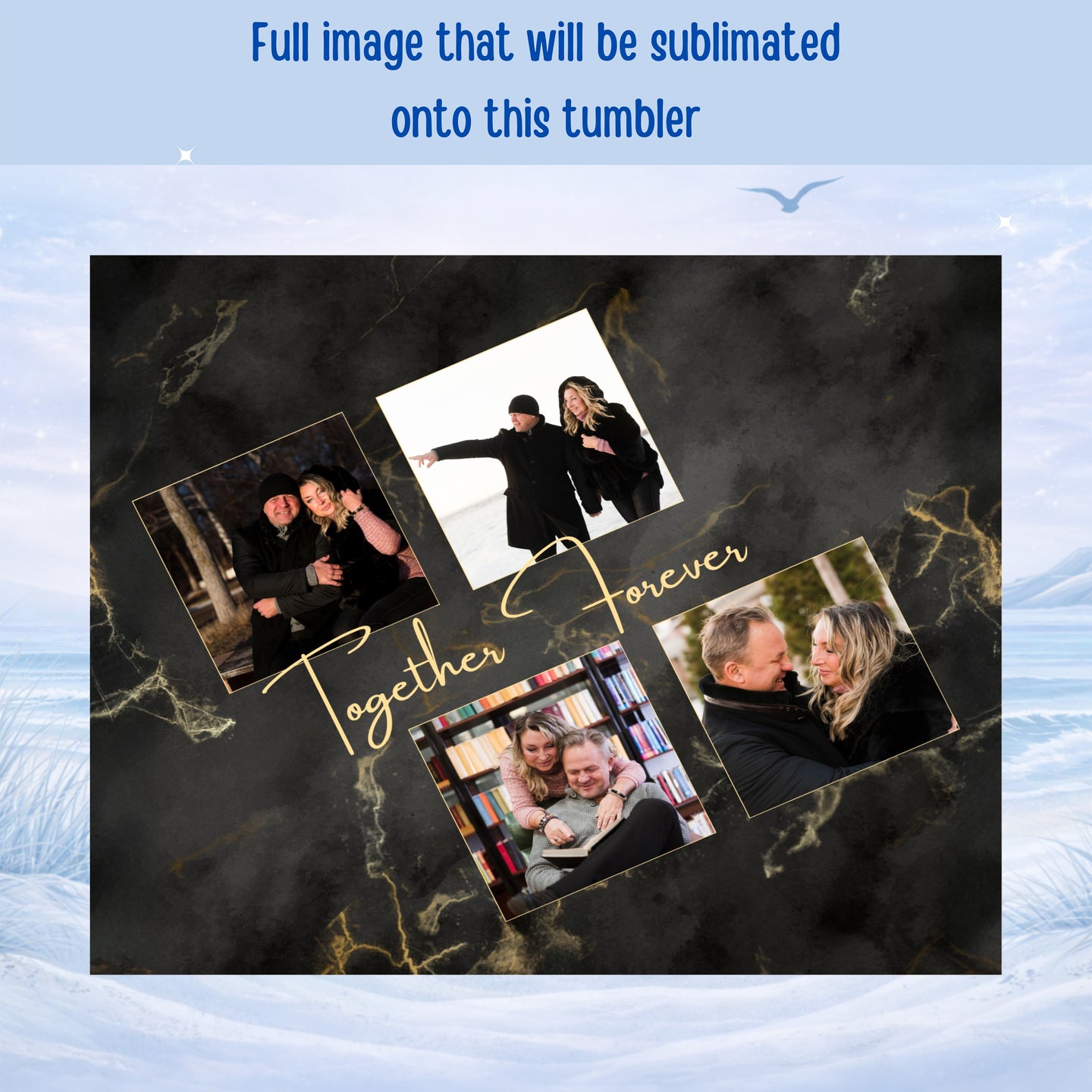 Collage of four couple photos with "Together Forever" text on marbled background.