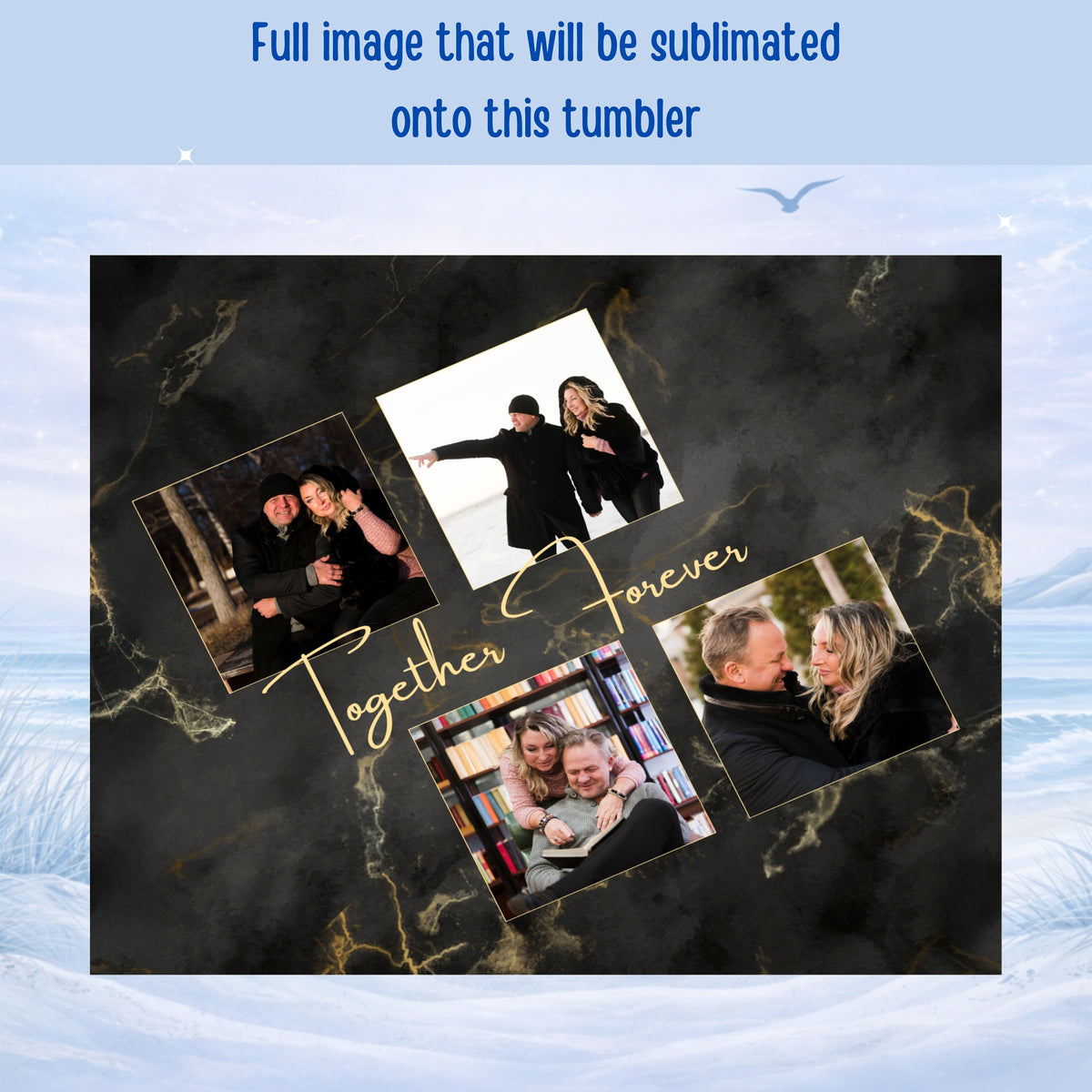 Collage of four couple photos with "Together Forever" text on marbled background.