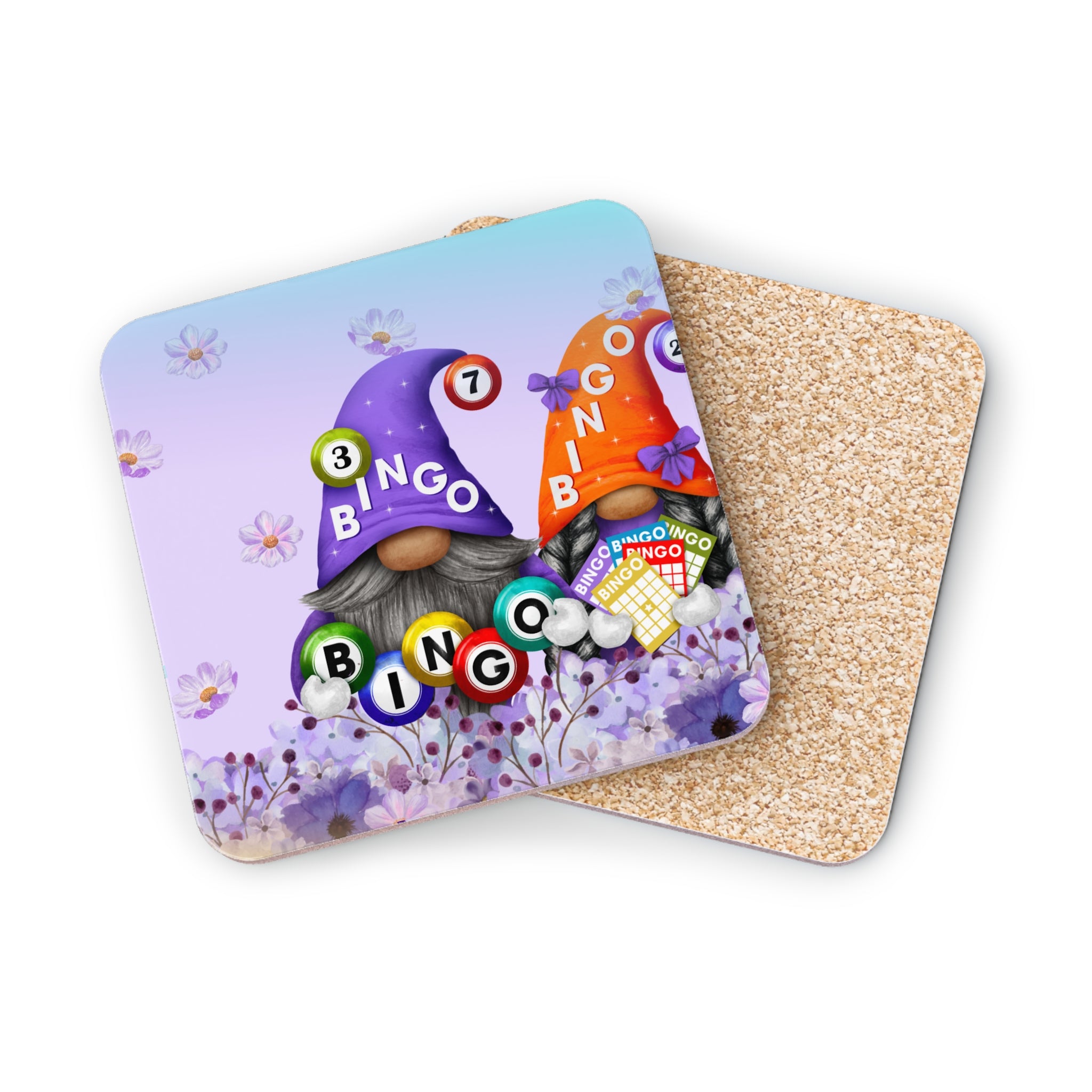 Two gnomes with bingo balls and letters stand before floral background.