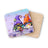 Two gnomes with bingo balls and letters stand before floral background.