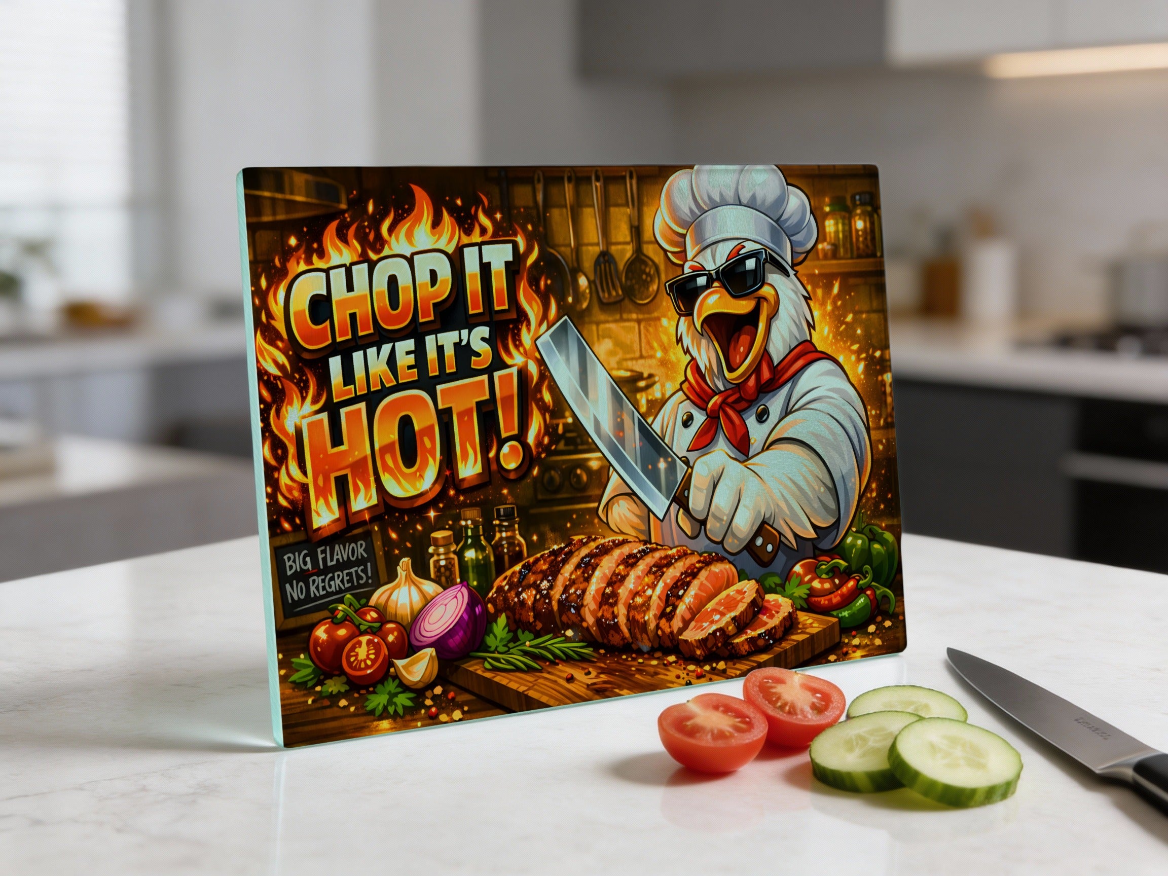 Cutting board with "CHOP IT LIKE IT'S HOT" text and cartoon chef.