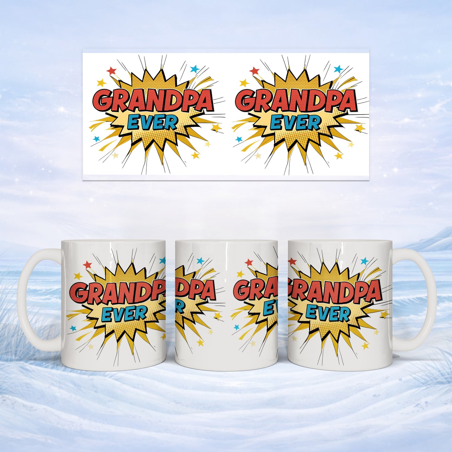 Comic-style "Grandpa Ever" text on mugs with a snowy background.