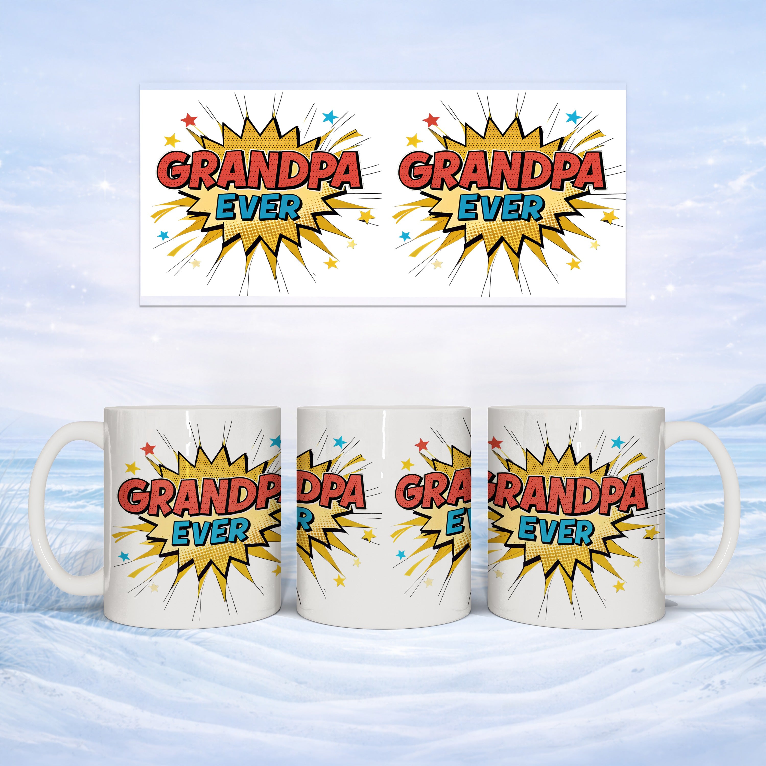 Comic-style "Grandpa Ever" text on mugs with a snowy background.