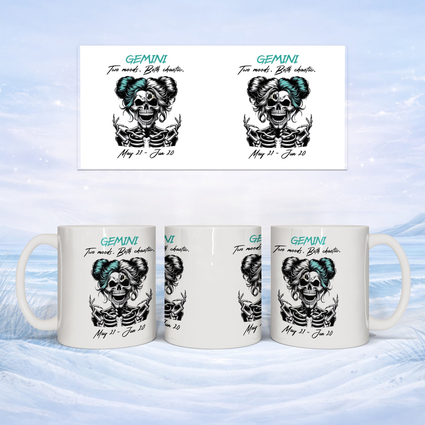 Gemini skull graphic with "Two moods. Both chaotic." text on a mug.