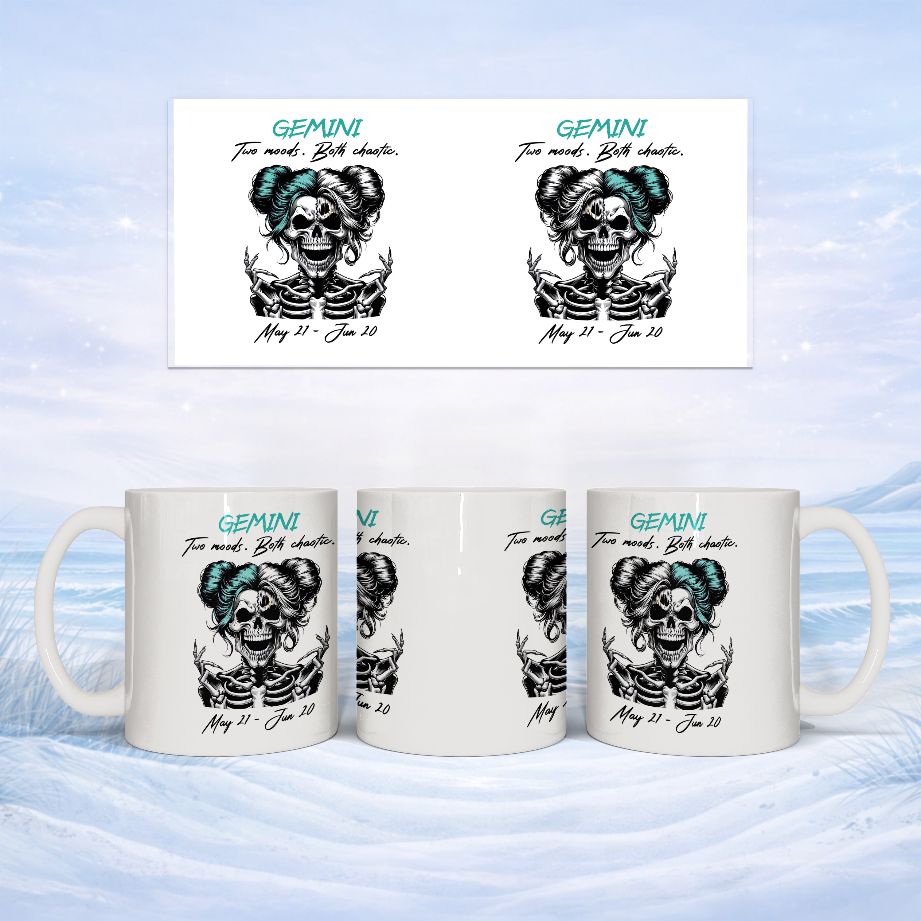 Gemini skull graphic with "Two moods. Both chaotic." text on a mug.