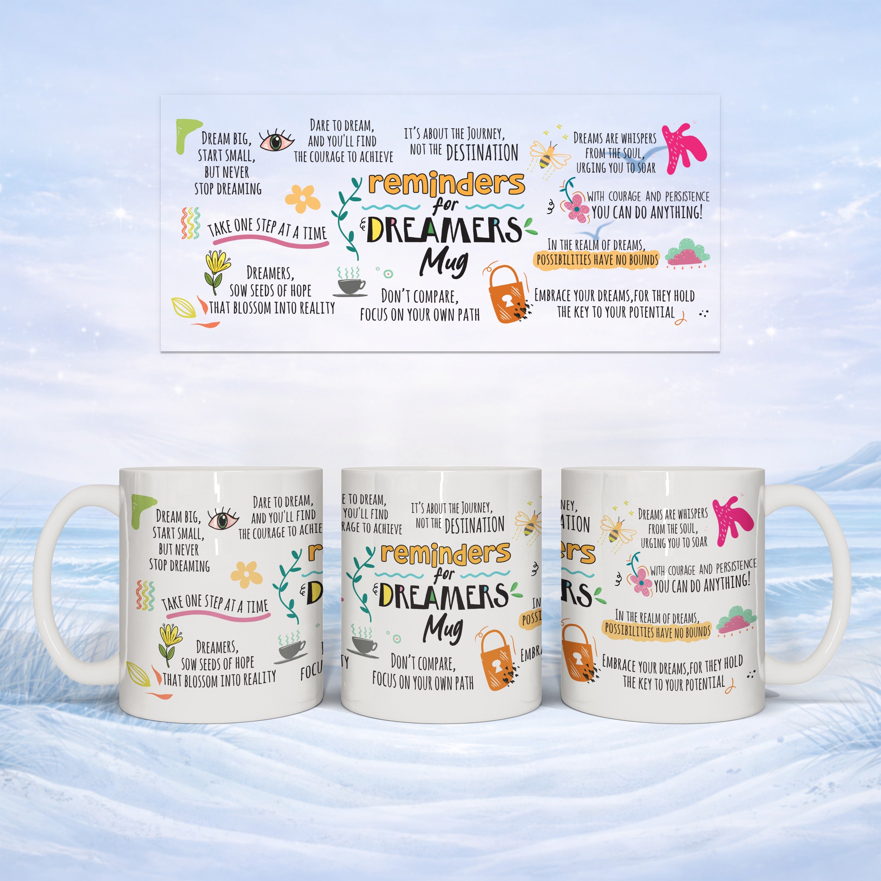 Two white mugs with inspirational quotes and floral designs.
