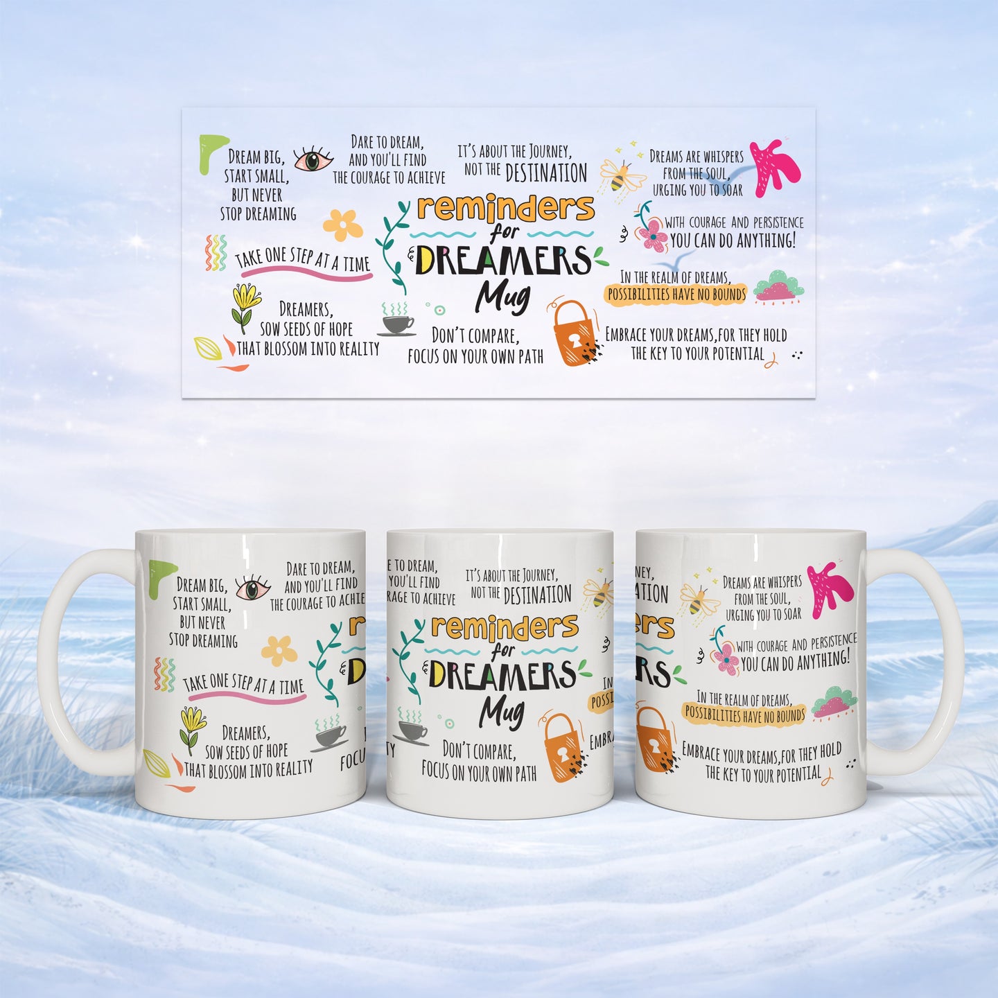 Two white mugs with inspirational quotes and floral designs.
