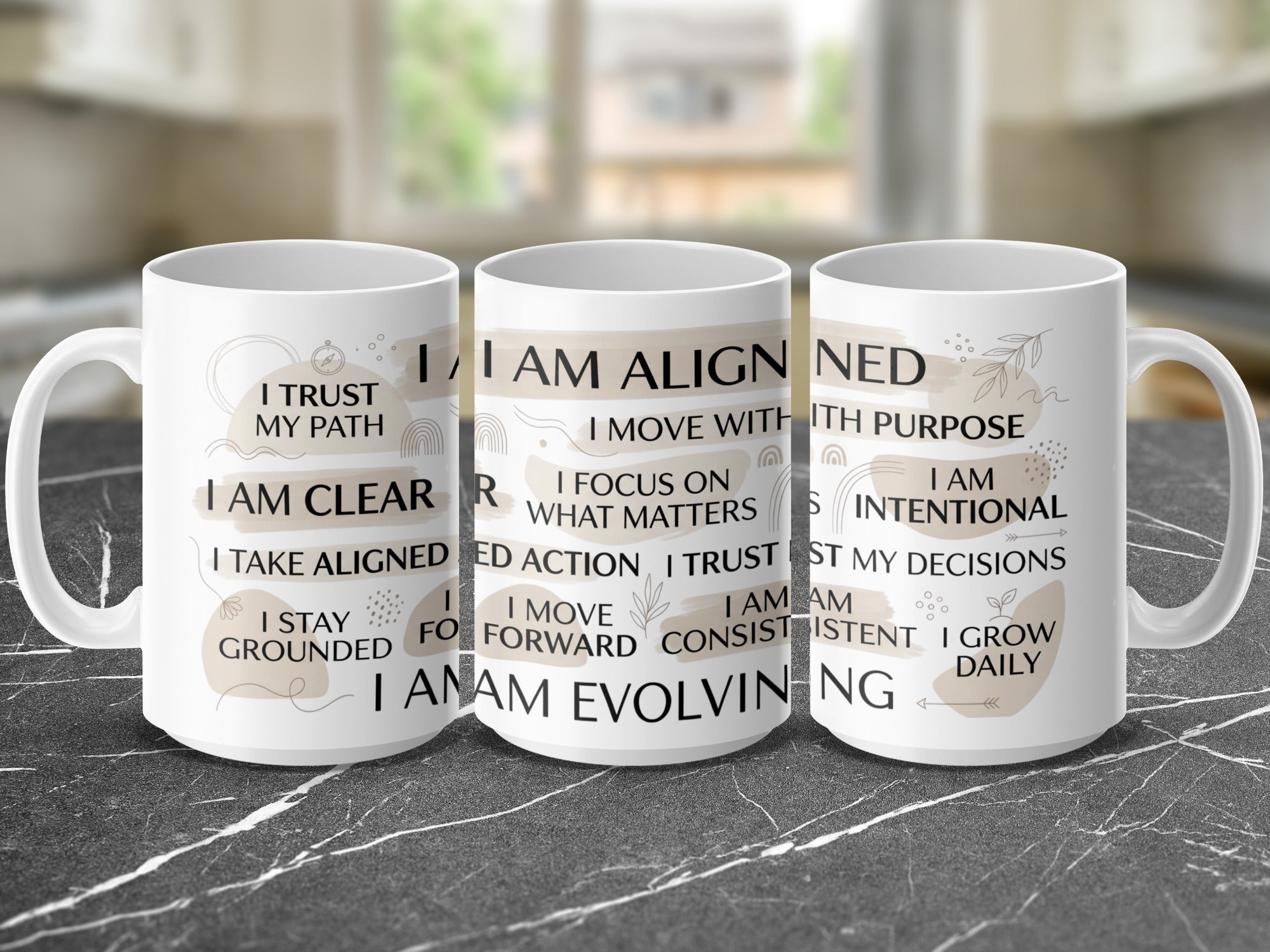Mug with "I AM ALIGNED" affirmations in black and gold text.
