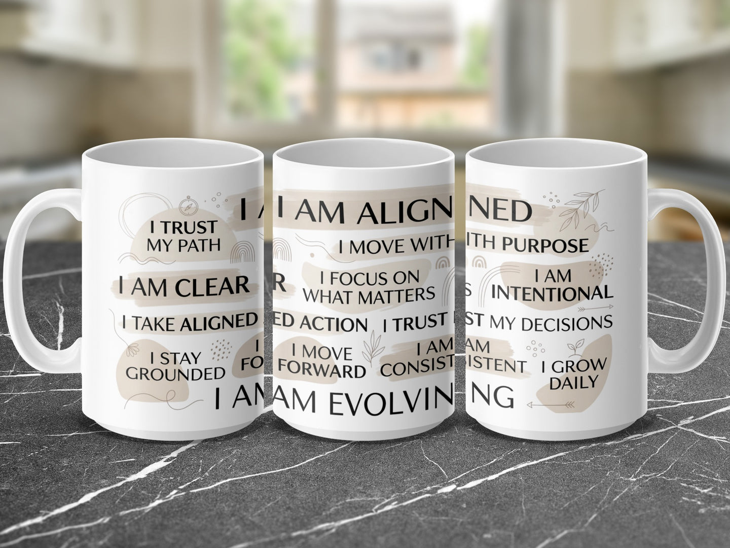 Mug with "I AM ALIGNED" affirmations in black and gold text.
