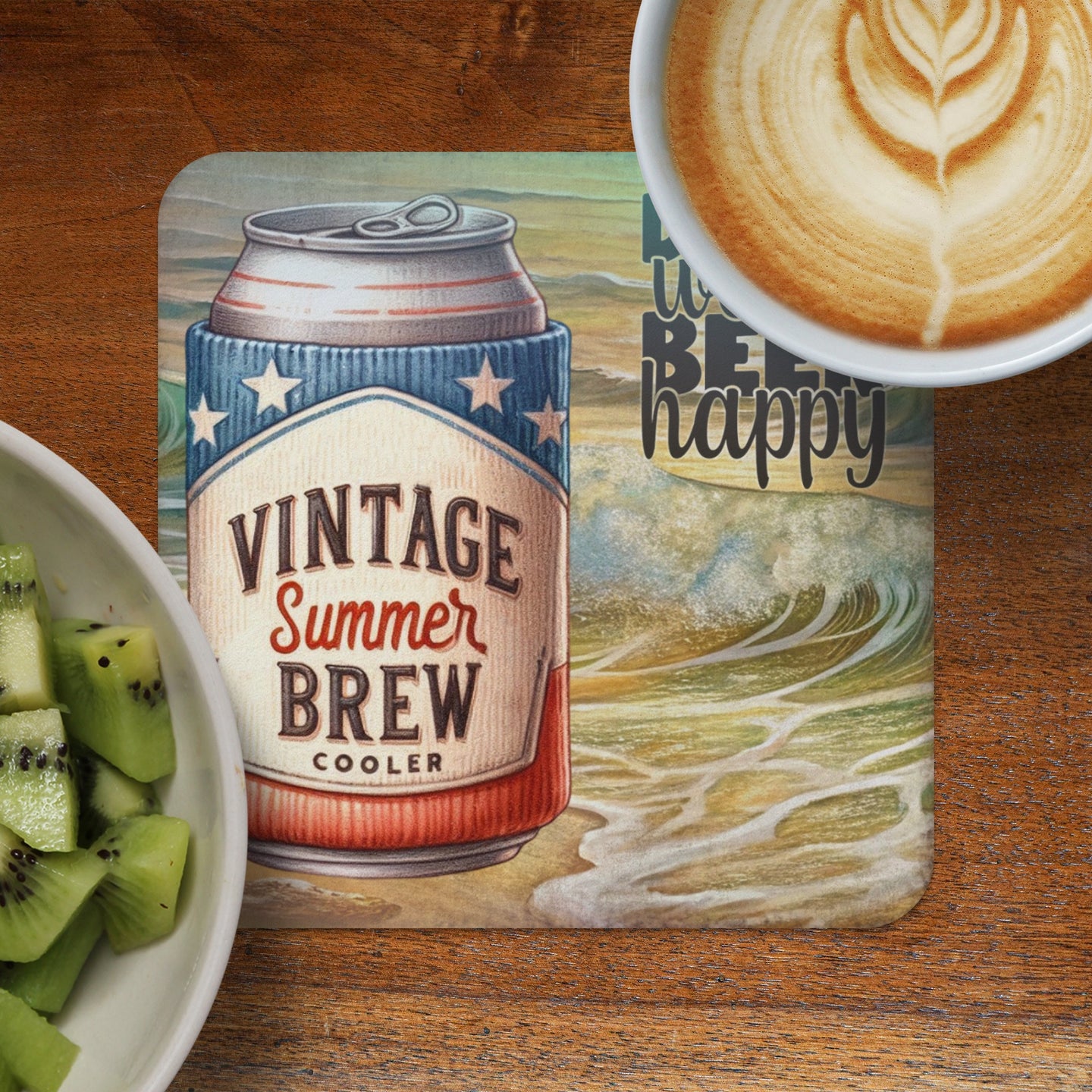 Coaster with "Vintage Summer Brew Cooler" can design and latte art.