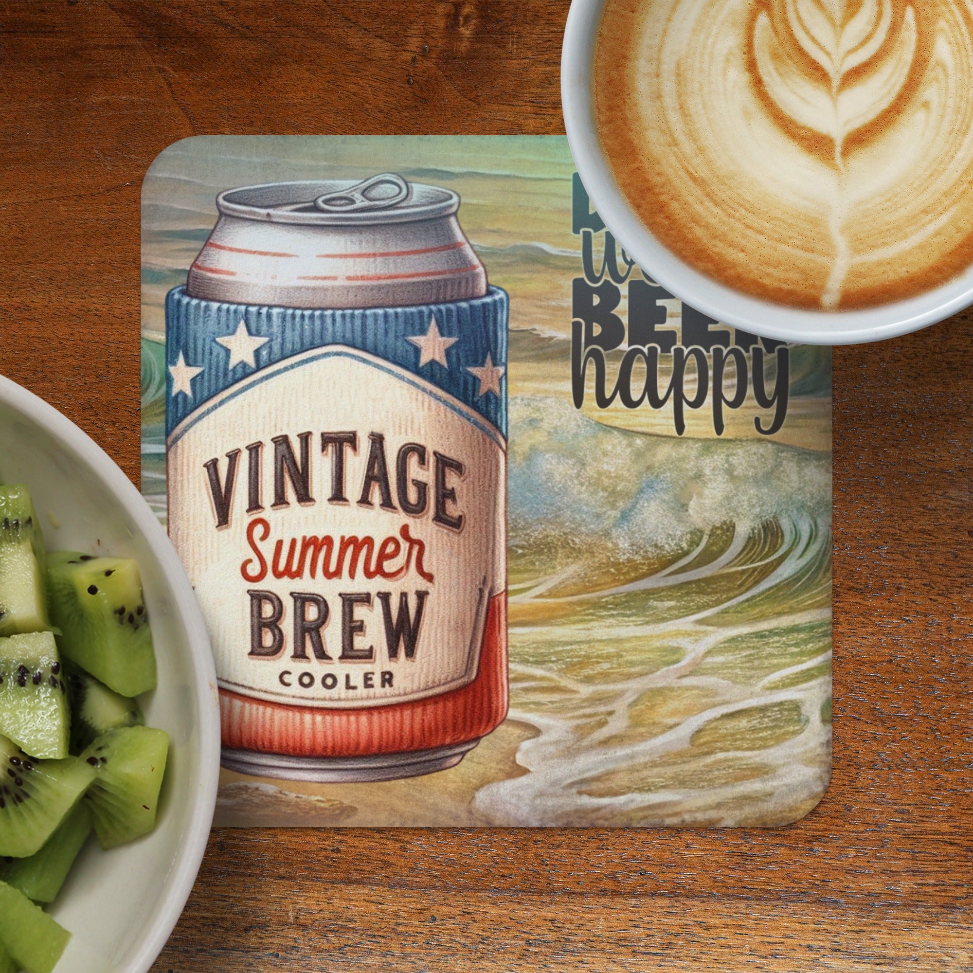 Coaster with "Vintage Summer Brew Cooler" can design and latte art.