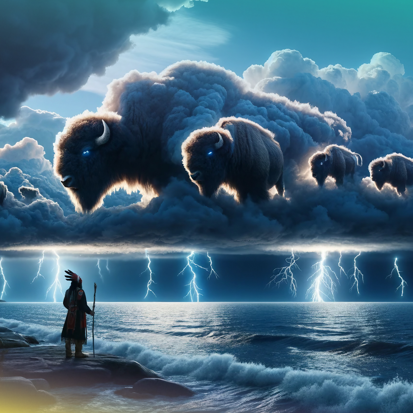 Bison emerge from storm clouds over a stormy ocean with lightning.