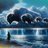Bison emerge from storm clouds over a stormy ocean with lightning.