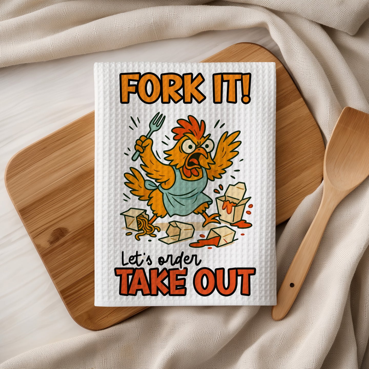 Chicken character with arms raised, holding takeout containers, text "FORK IT! Let's order TAKE OUT".
