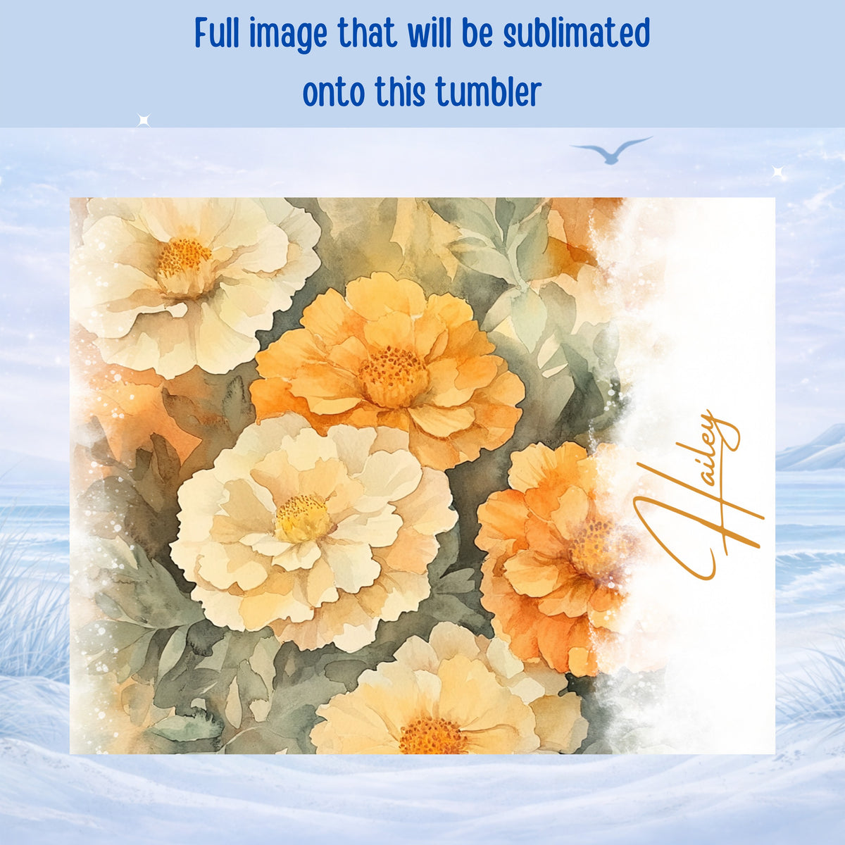 Watercolor marigolds with "Hailey" written in script.