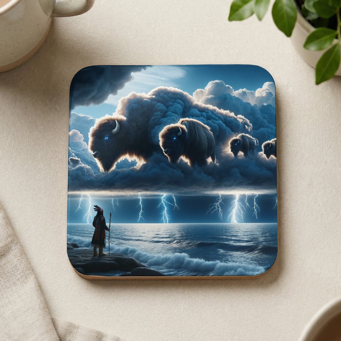 Native American figure watches stormy skies with buffalo made of clouds.
