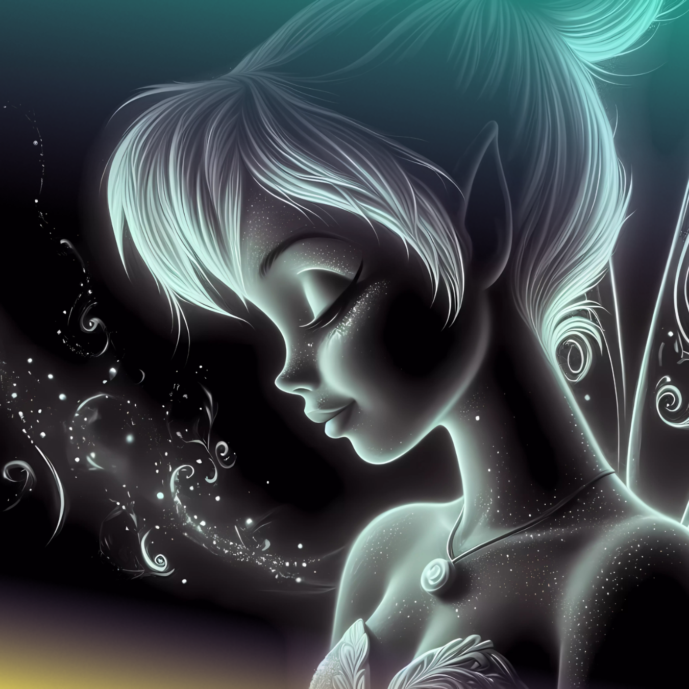 Fairy with glowing hair and wings, closed eyes, against dark background.