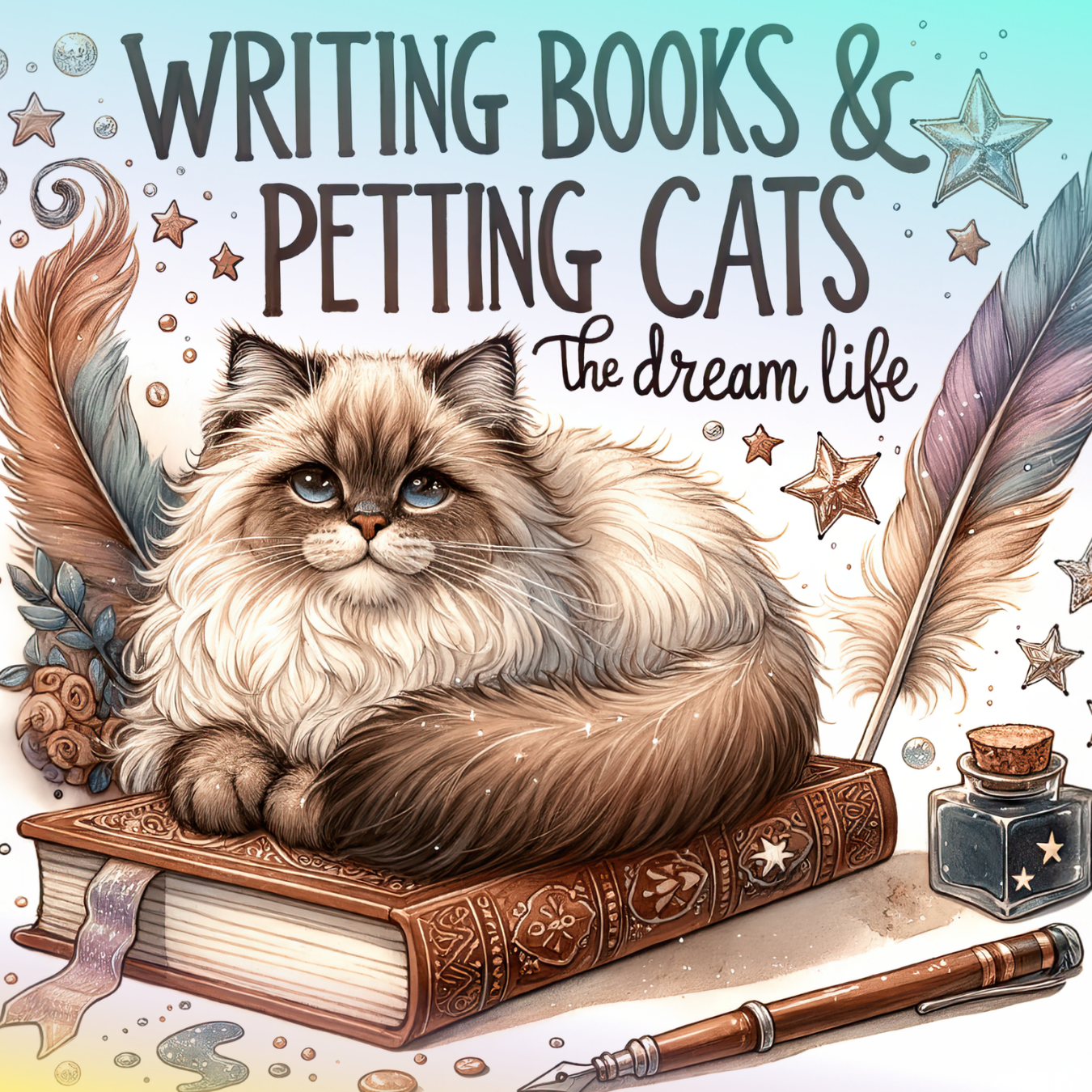 Fluffy cat sits on an open book with a quill pen and ink pot.