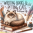 Fluffy cat sits on an open book with a quill pen and ink pot.