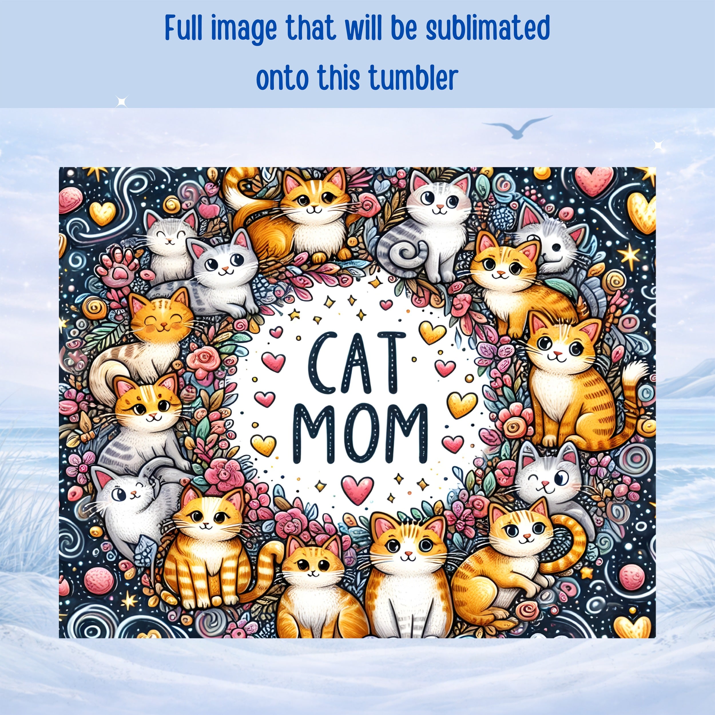 Cute cats and hearts frame "CAT MOM" text with floral accents.