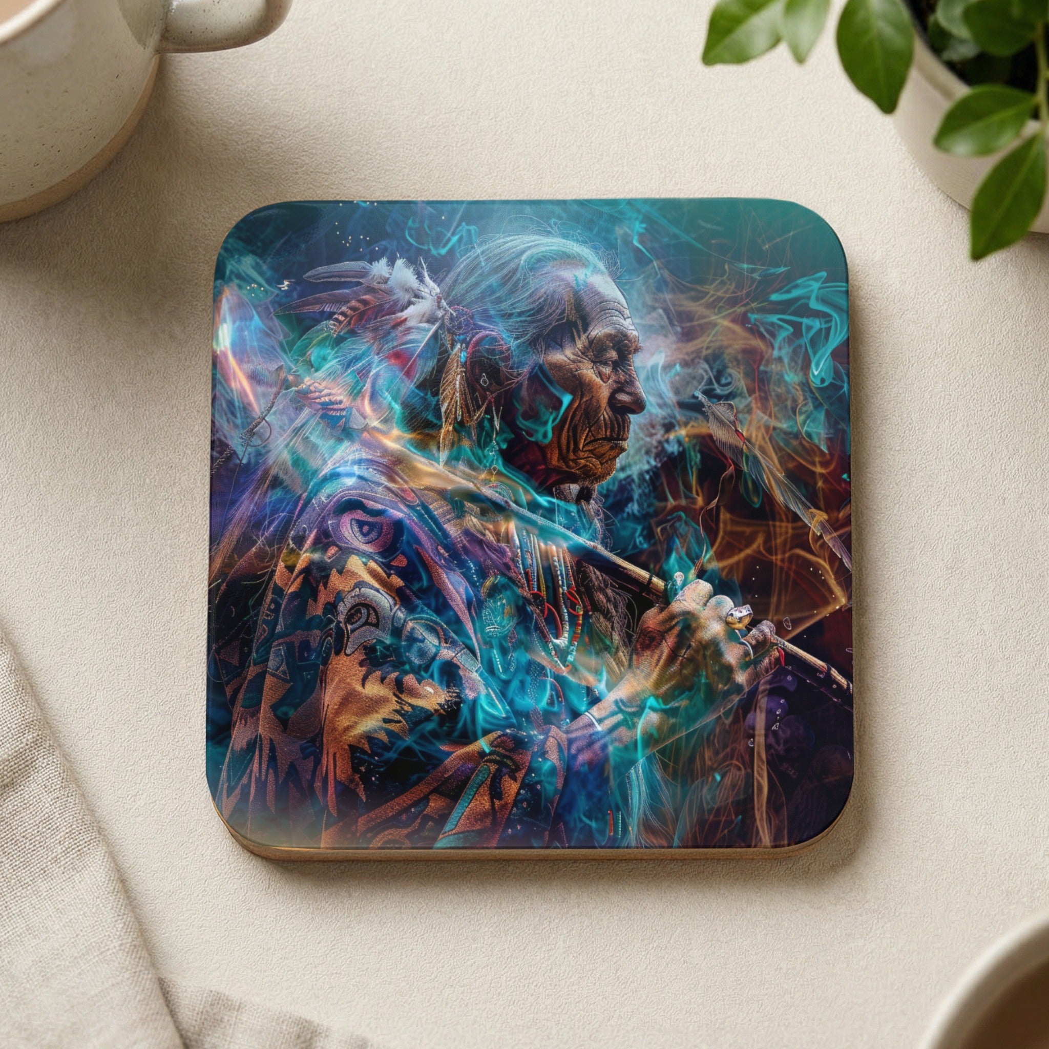 Elderly Native American man with colorful, smoky abstract art overlay.