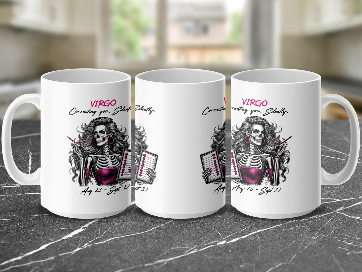 White mug with Virgo zodiac sign, skeleton, and calendar dates.