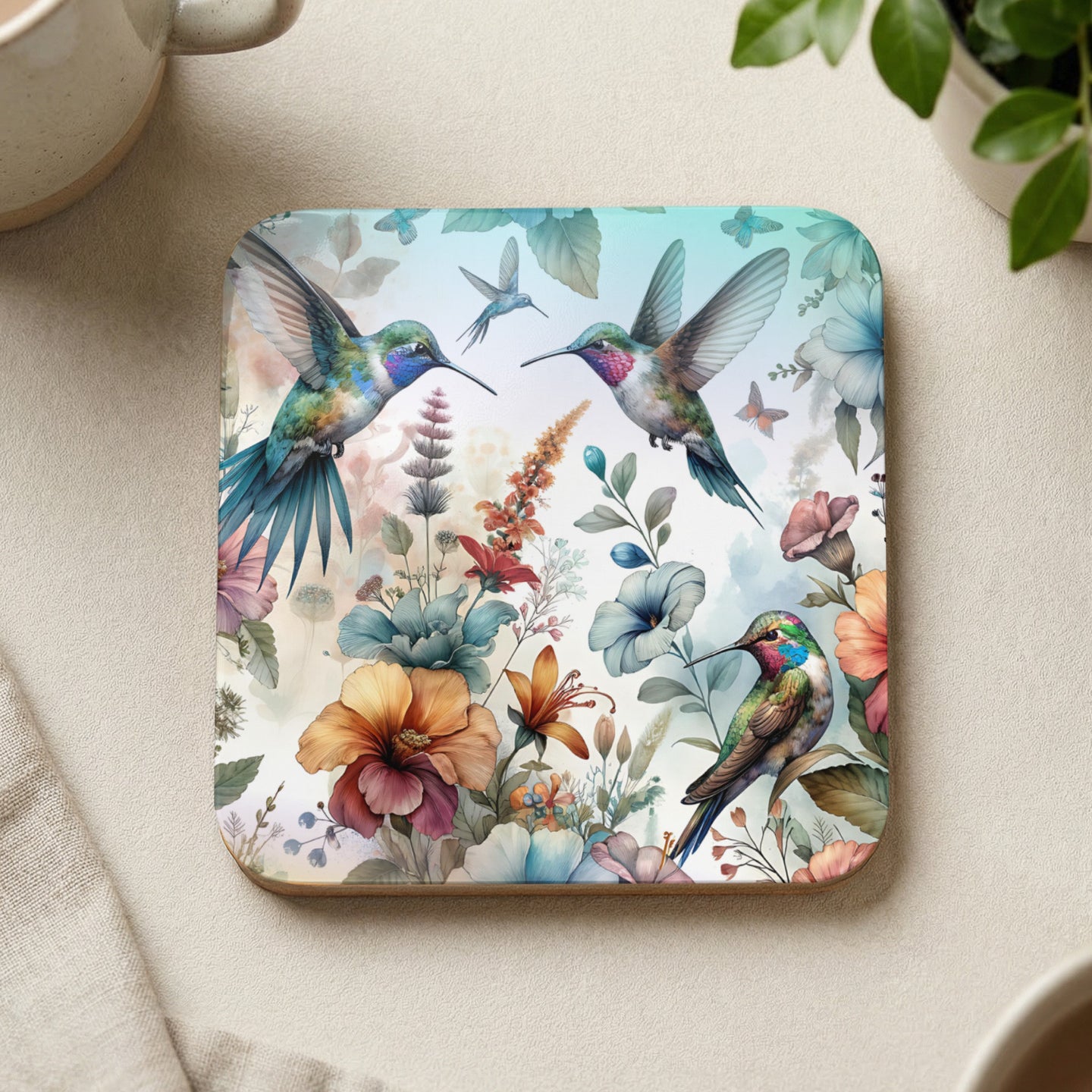 Hummingbirds flying among colorful flowers and foliage.