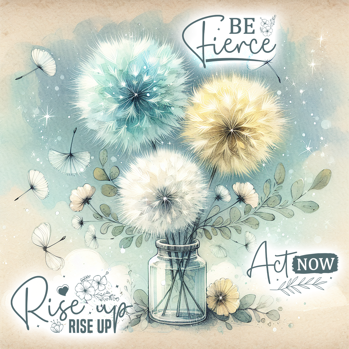 Glass jar with dandelions and text: "Be Fierce" and "Rise Up Act Now."